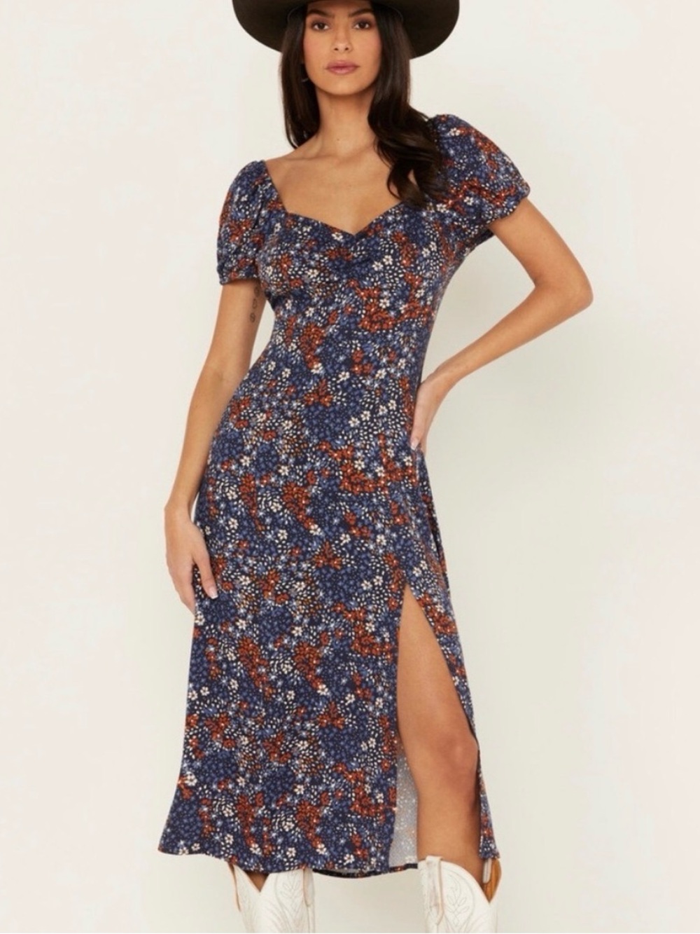 Idyllwind Blue Floral Puff-Sleeve Midi Dress with Side Slit